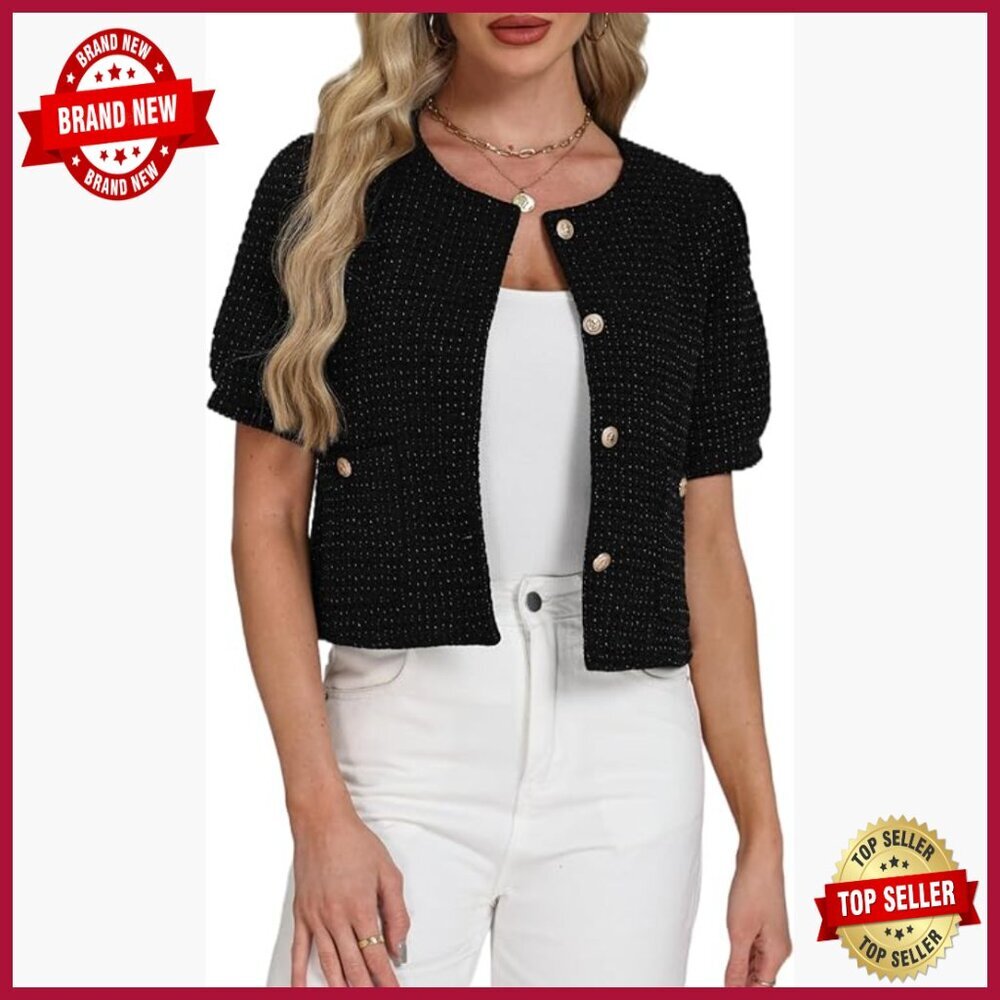 Cropped Tweed Blazer with Puff Sleeves, Collarless Work Jacket